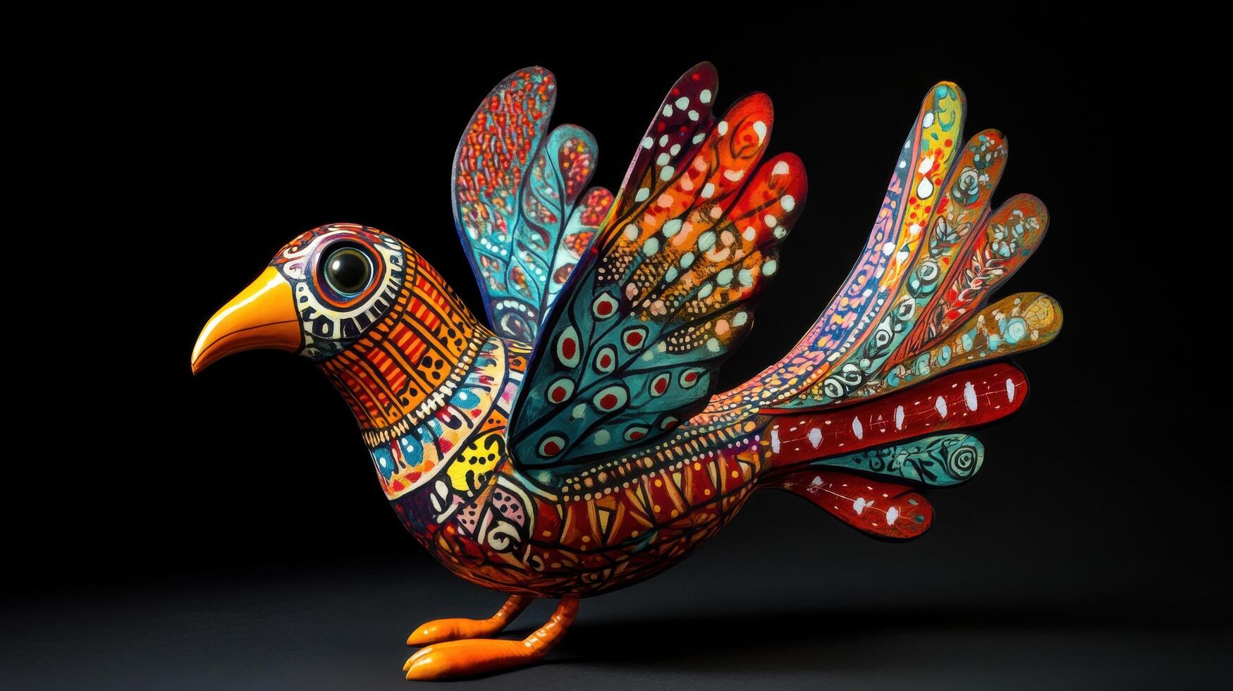 A colorful bird sculpture with a colorful pattern photo