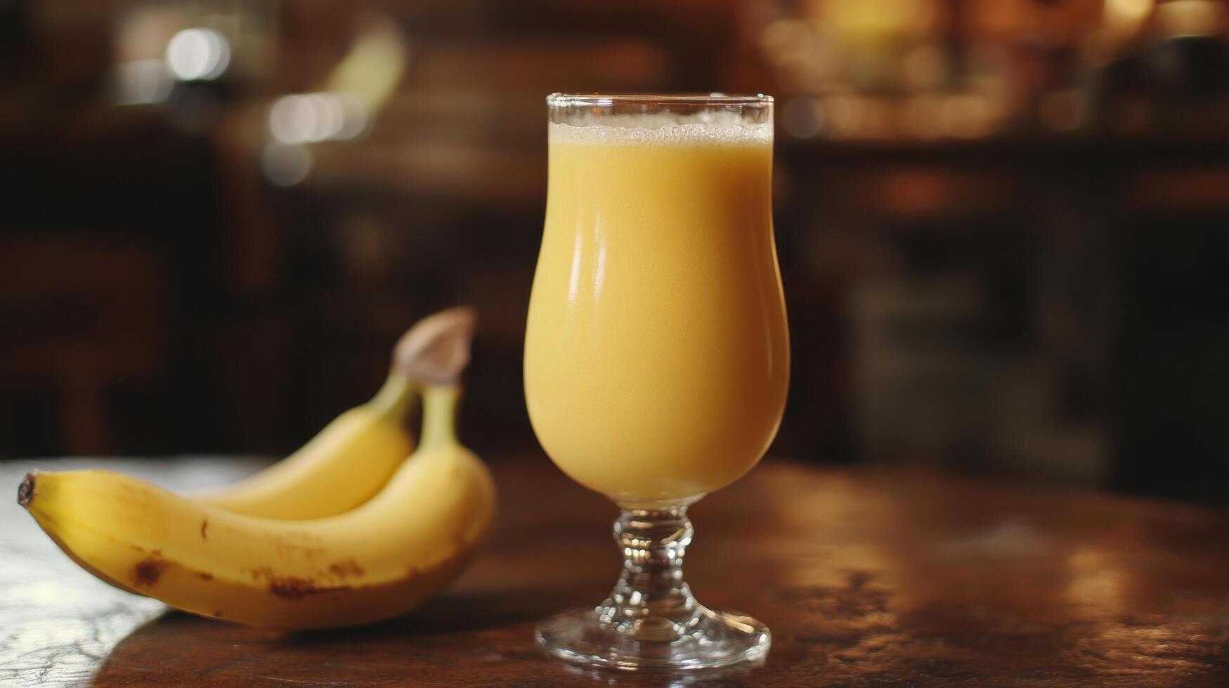 A glass of orange juice and a banana on a table photo
