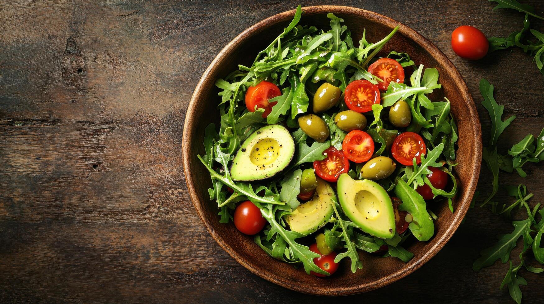 A bowl of salad with tomatoes, avocado and green olives photo