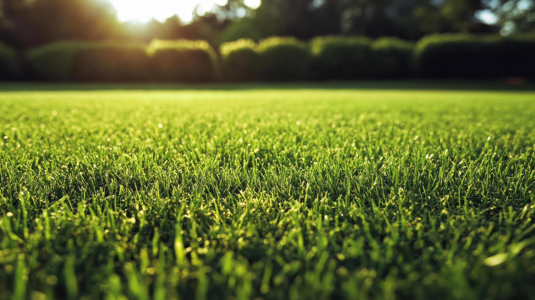 A close up of a green grass field with sunlight shining through photo
