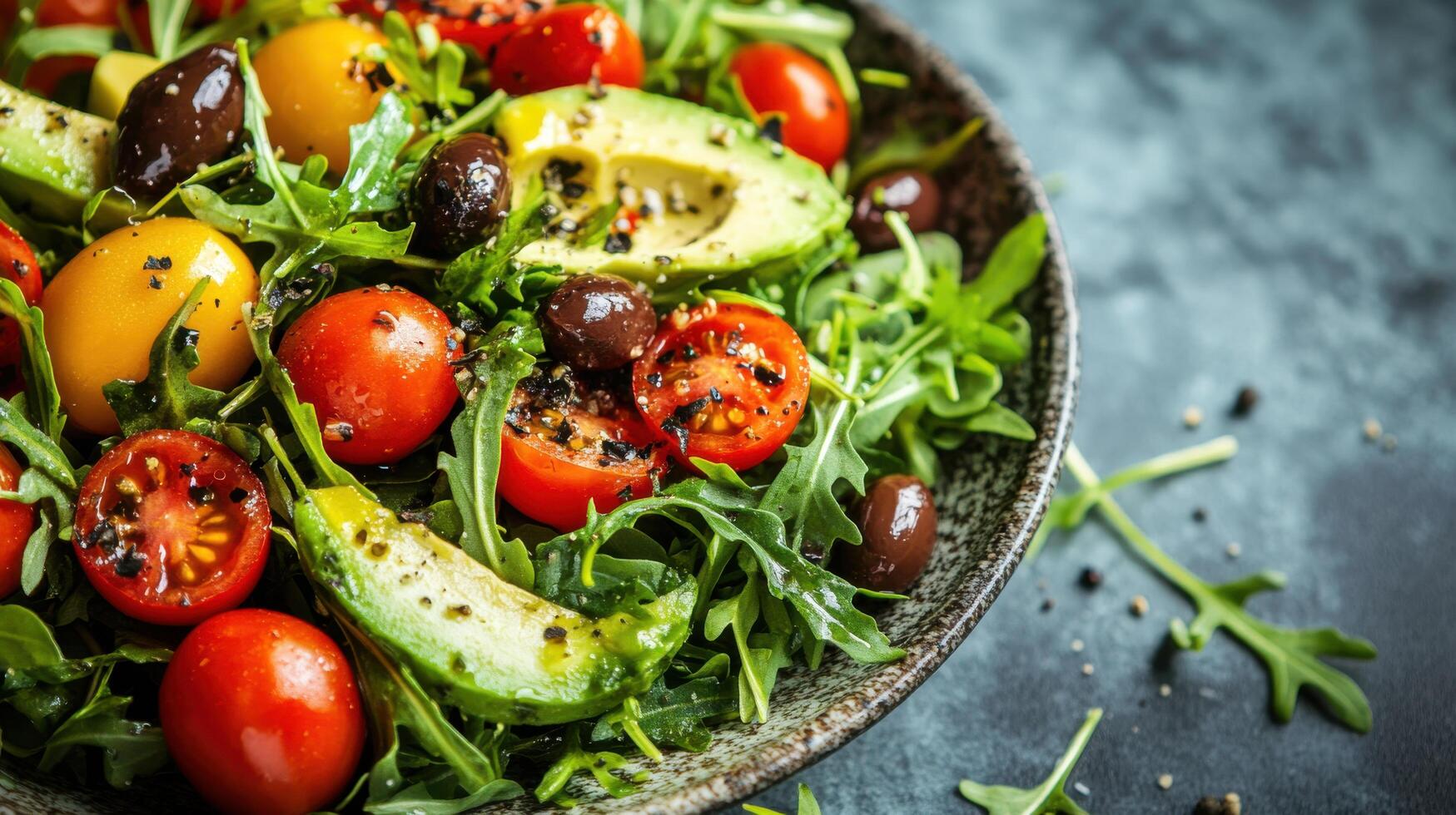 A salad with tomatoes, avocado, olives and black olives photo