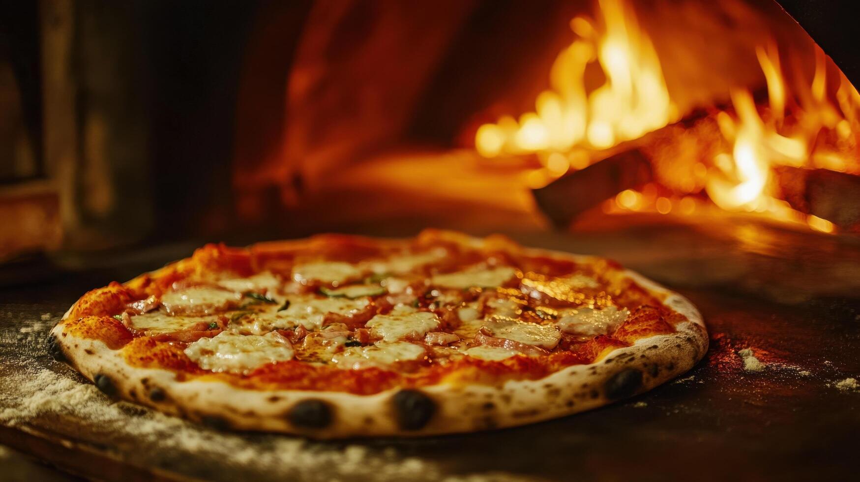 A pizza is sitting on a table in front of a fire photo