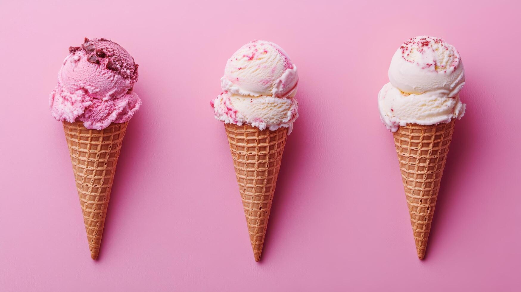 Three ice cream cones on a pink background photo