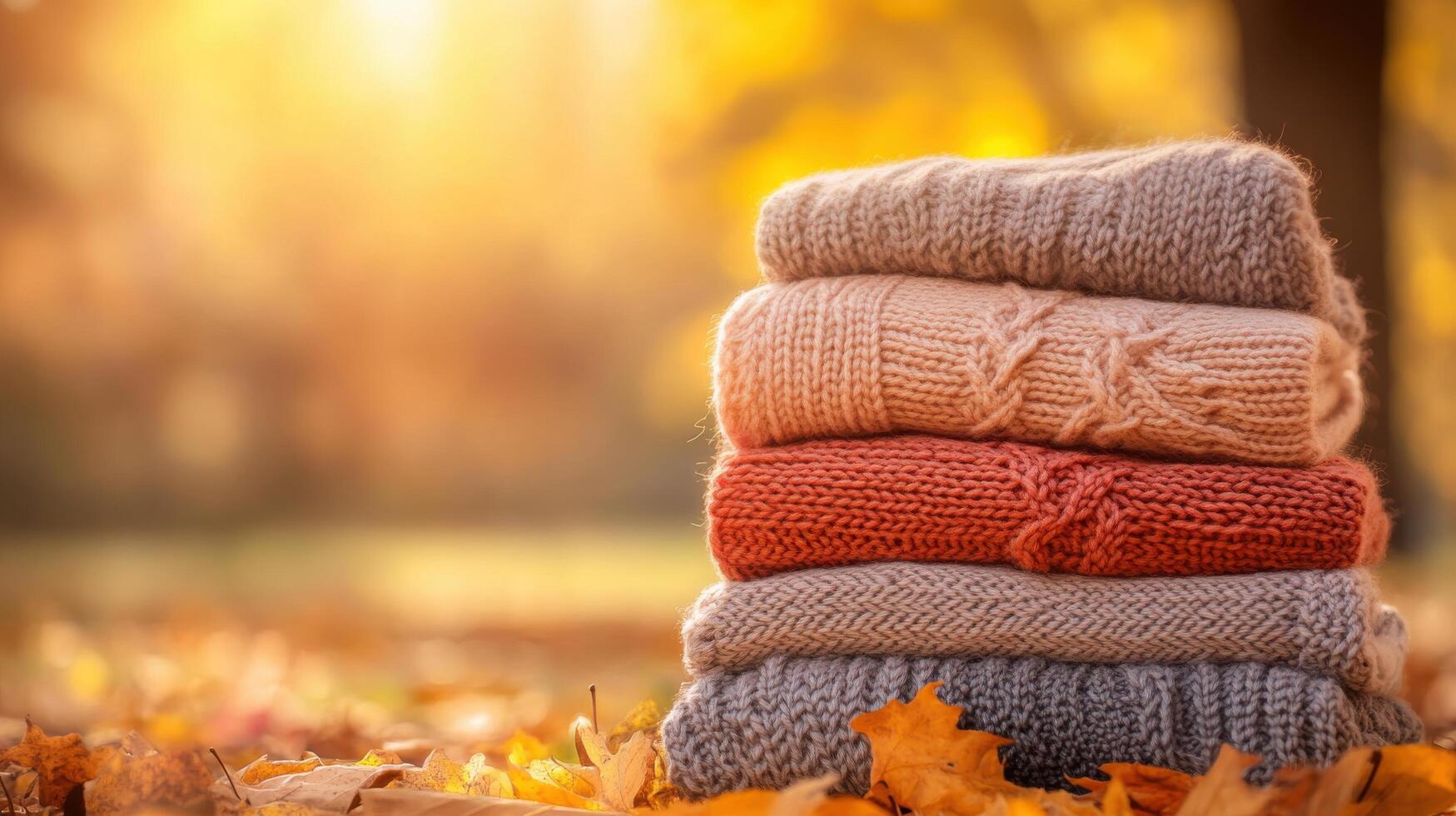 A stack of sweaters on the ground in the fall photo