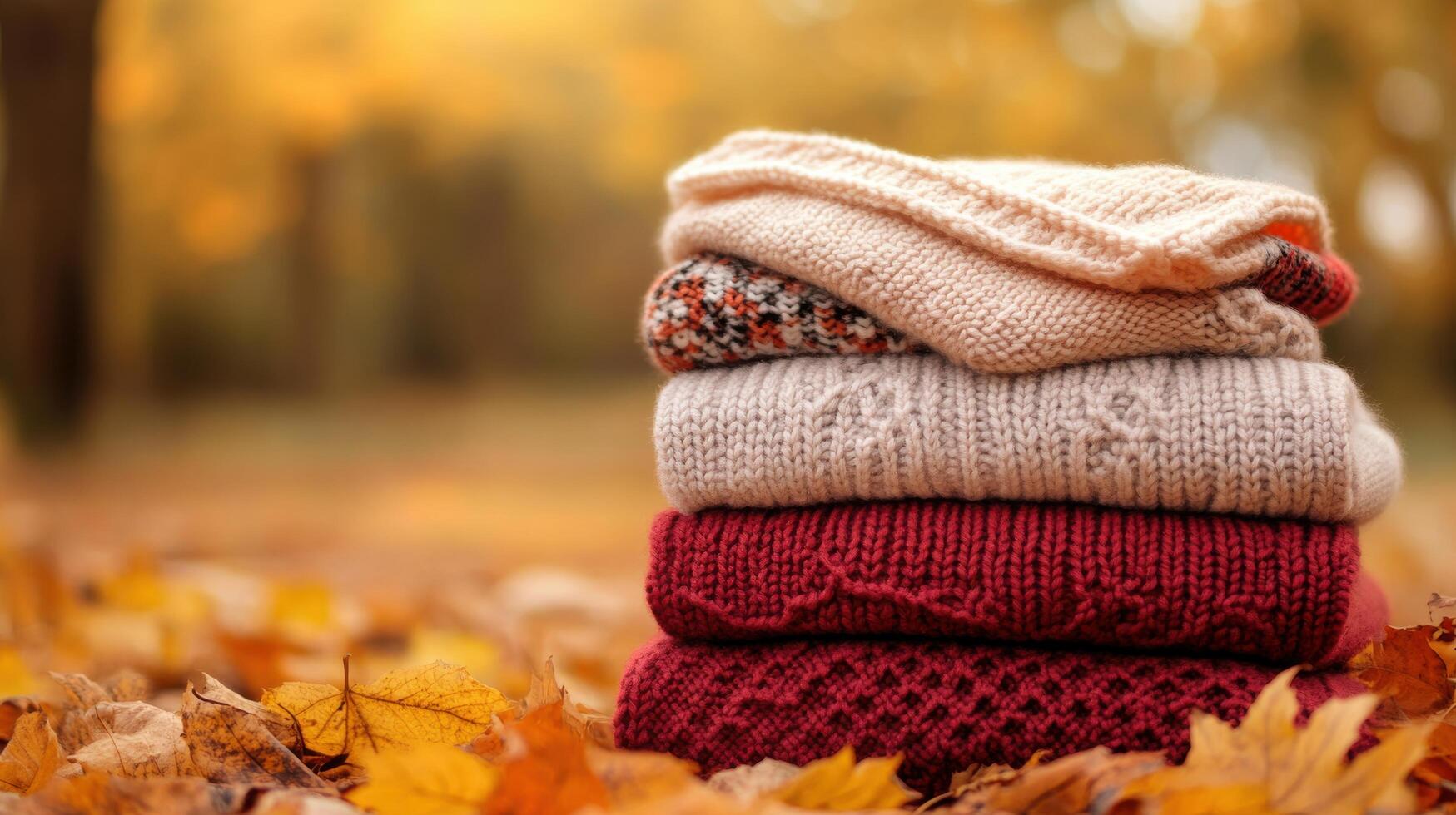 A stack of sweaters on the ground in the fall photo