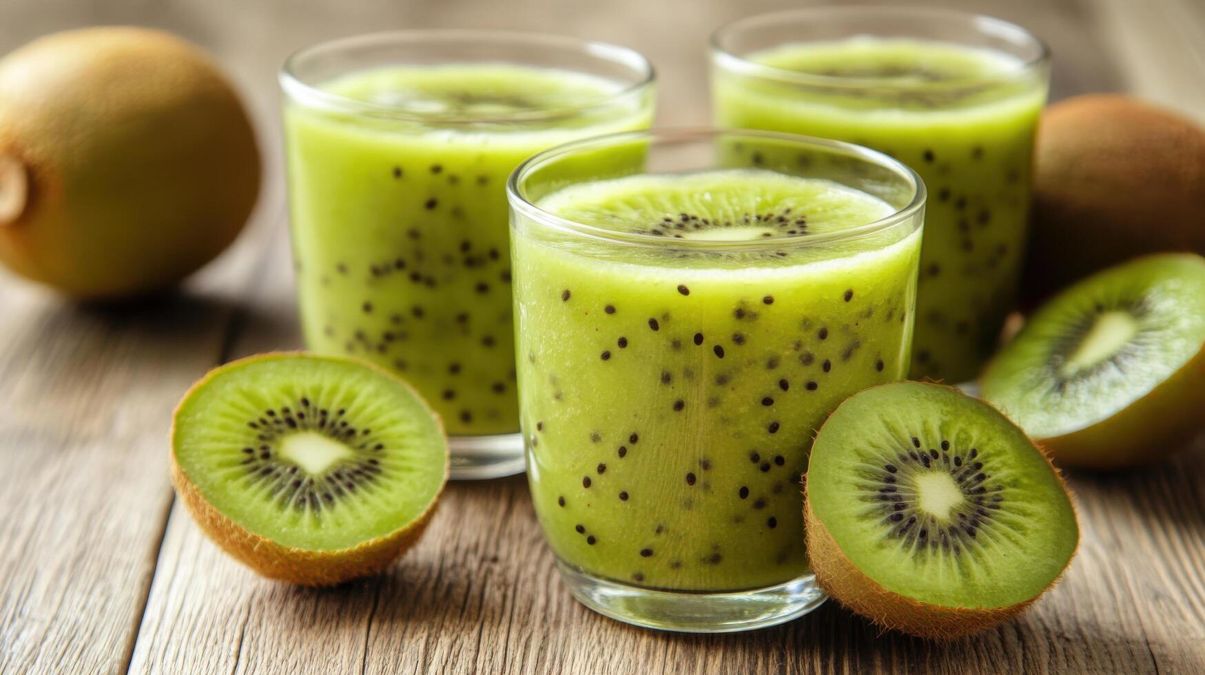 Kiwi juice with kiwi fruit on wooden table photo