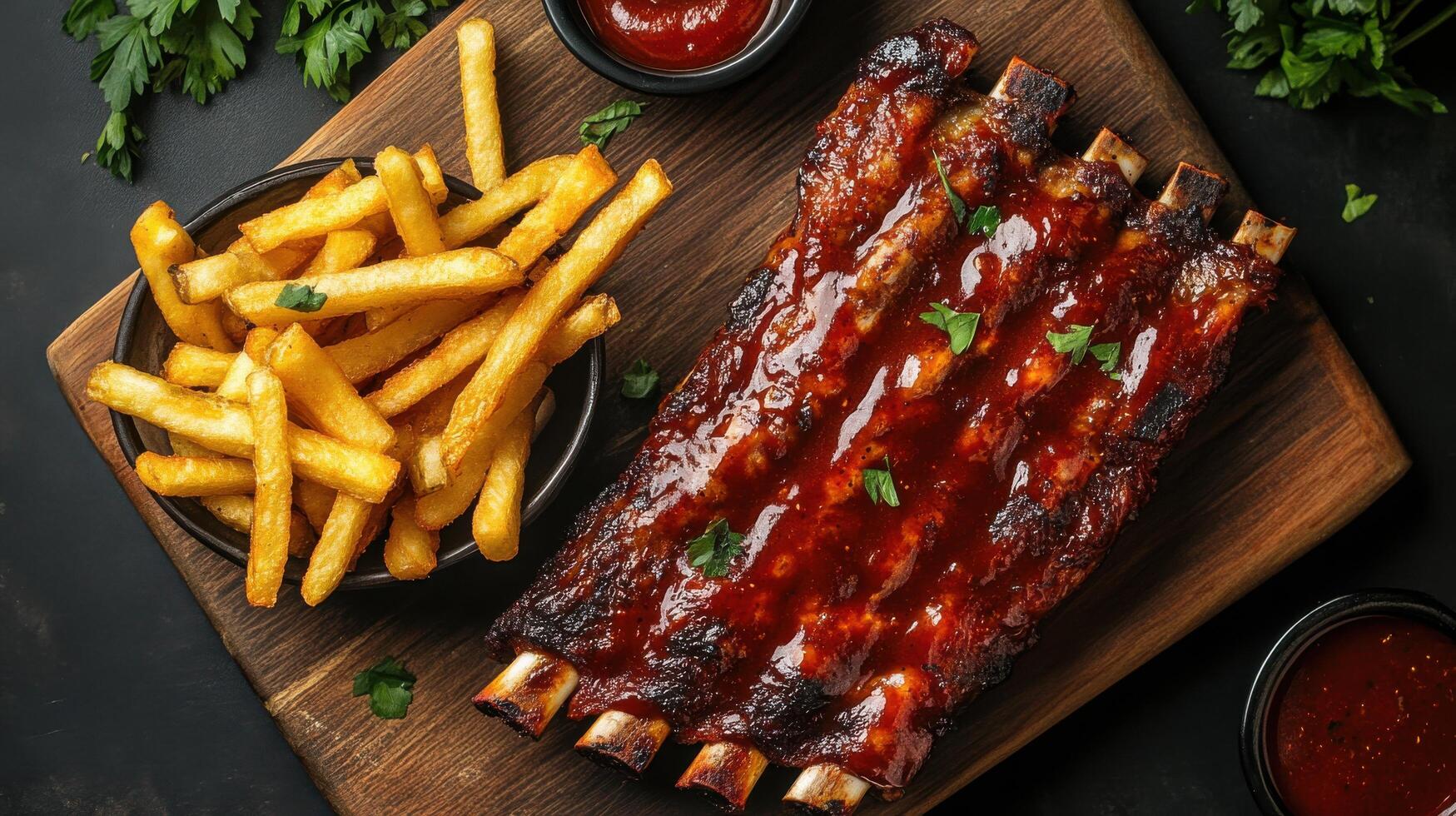 Ribs and fries on a wooden board with ketchup and herbs photo
