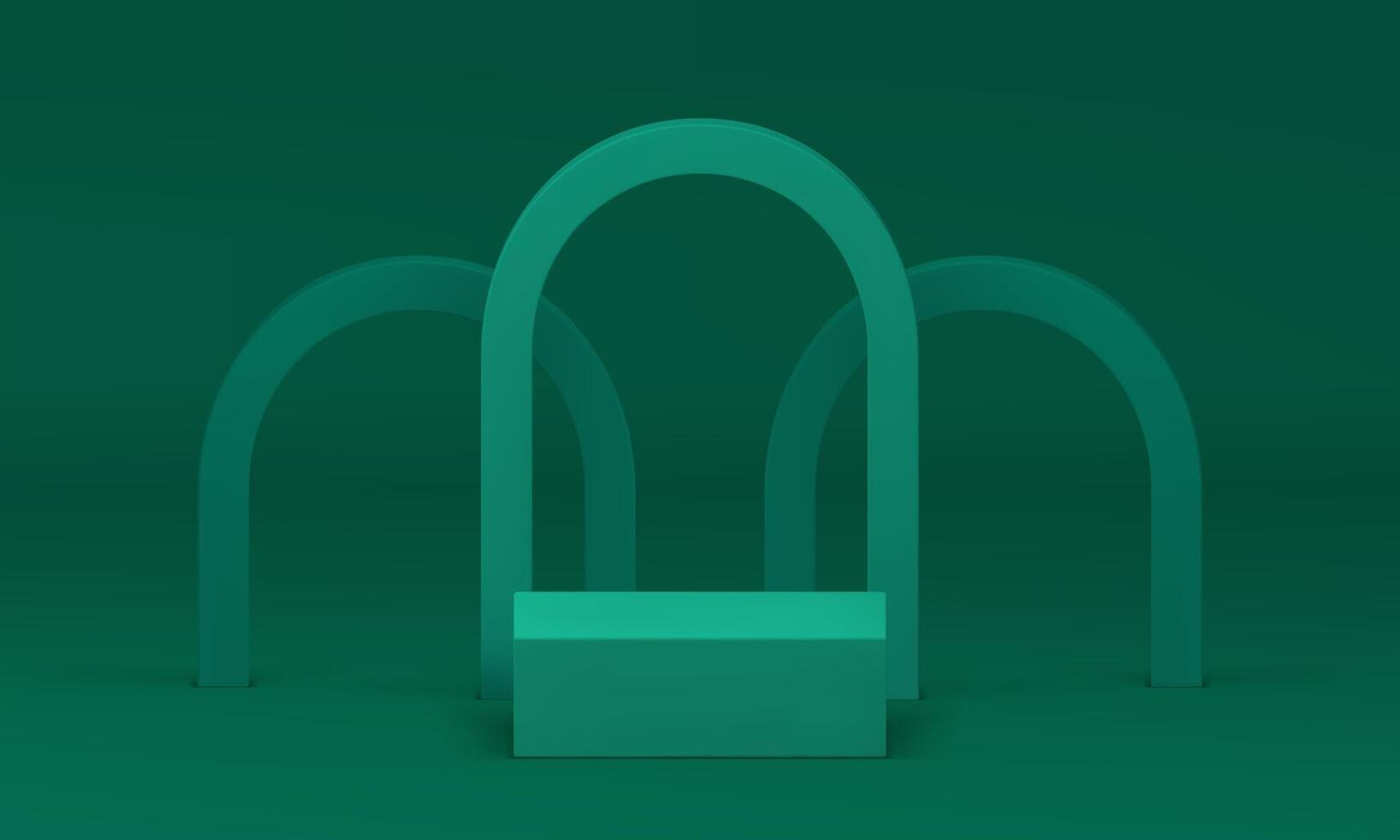 Squared podium pedestal green arch wall background for show realistic illustration vector