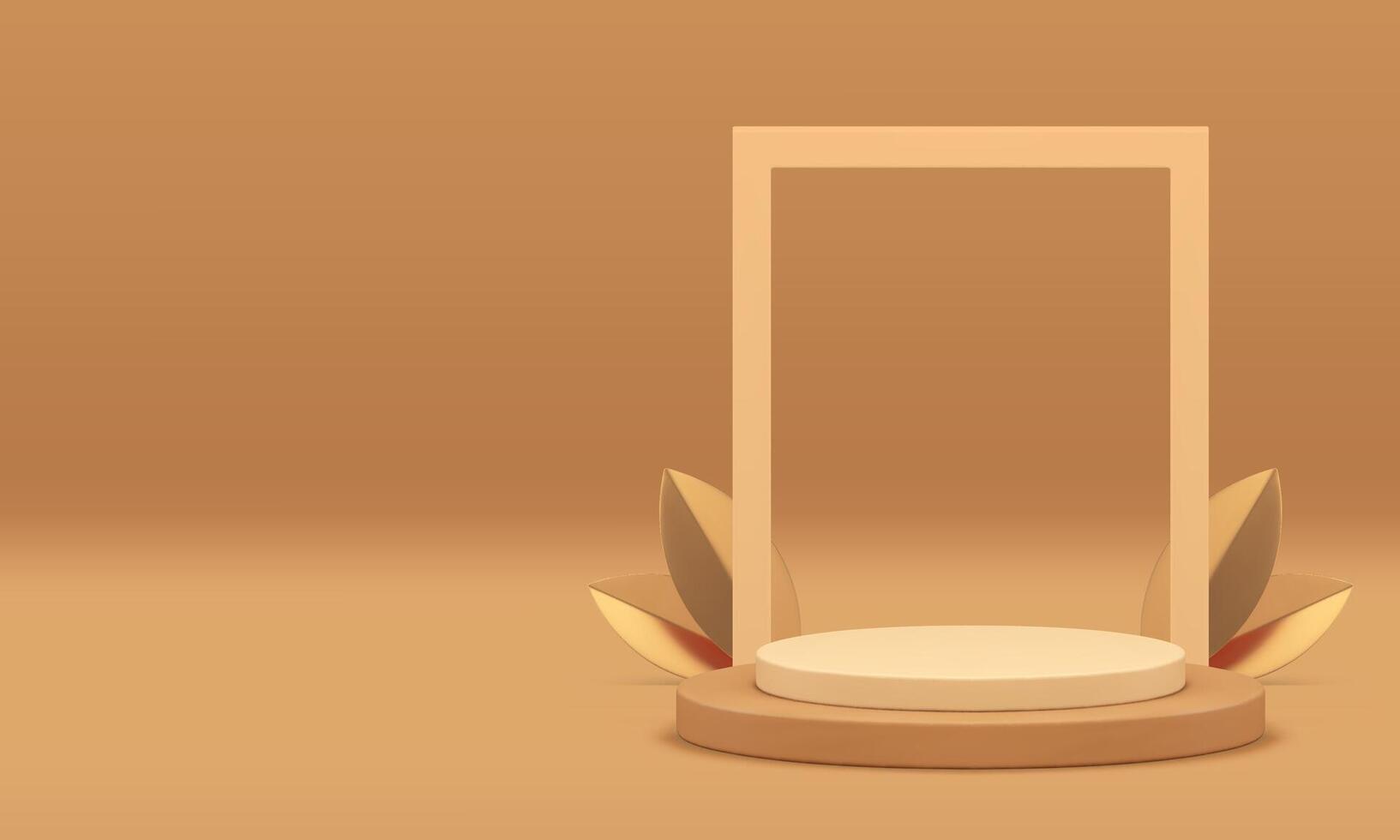 3d beige cylinder podium with golden leaves for product show realistic illustration vector