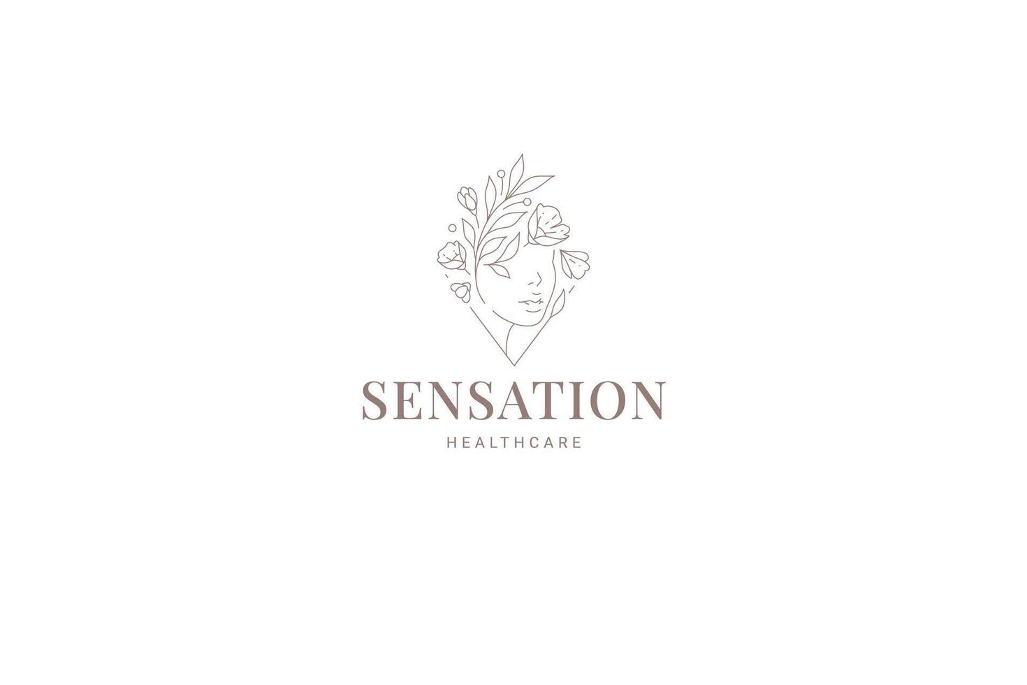 Beauty woman face with flower hair rhombus line art logo design template illustration vector