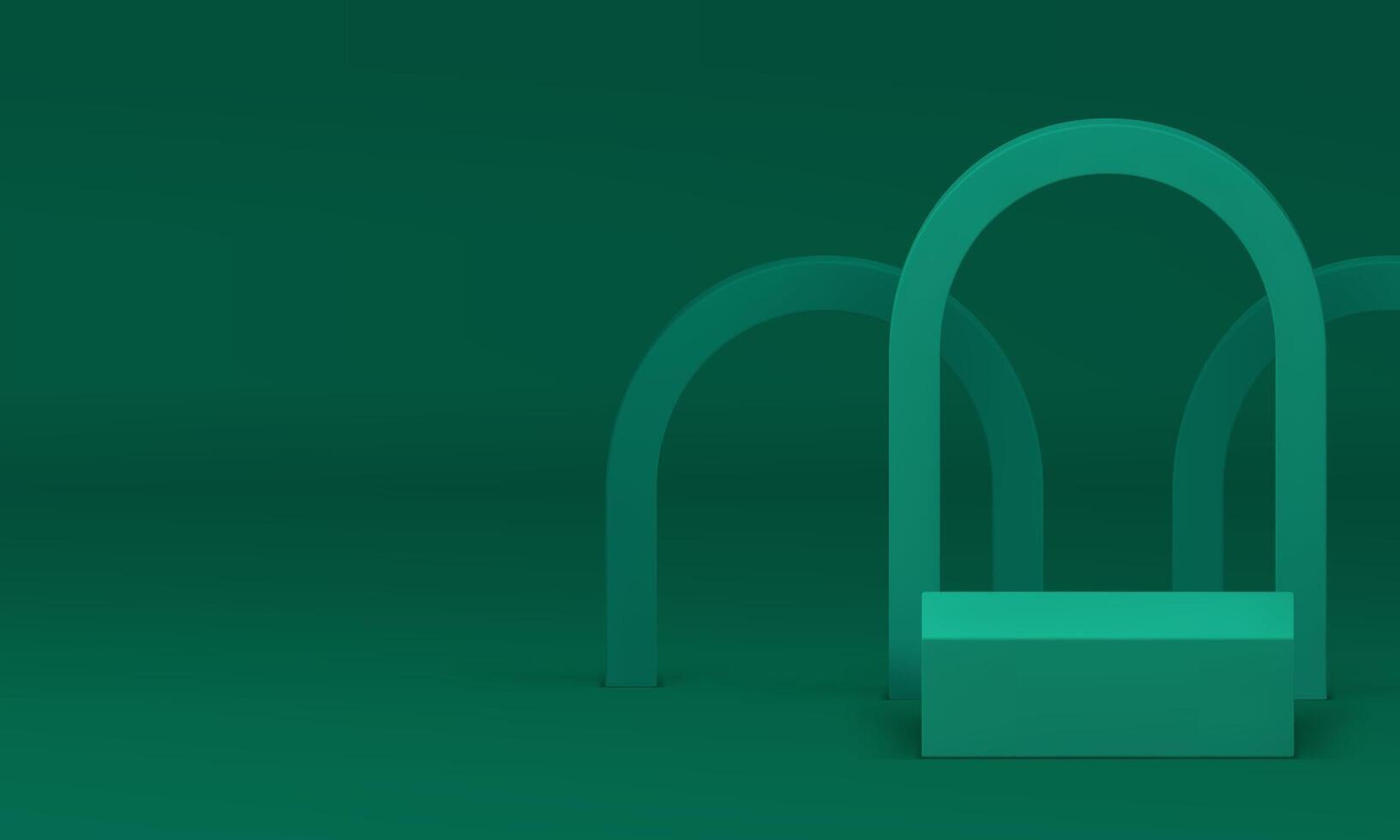 Green 3d geometric podium with curved arch wall background for advertising realistic vector