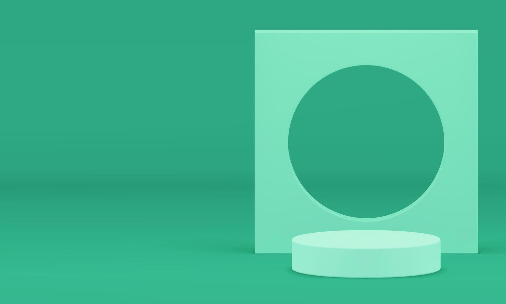 3d green cylinder podium with geometric wall background for presentation realistic vector