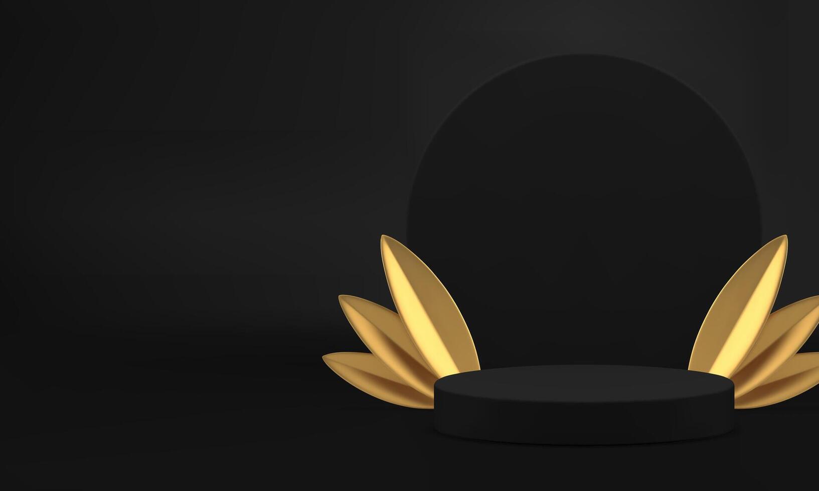 3d black luxury podium showcase with golden leaves for presentation realistic vector
