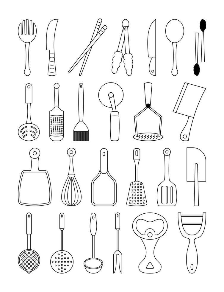 set of kitchen tools outline illustration collection vector