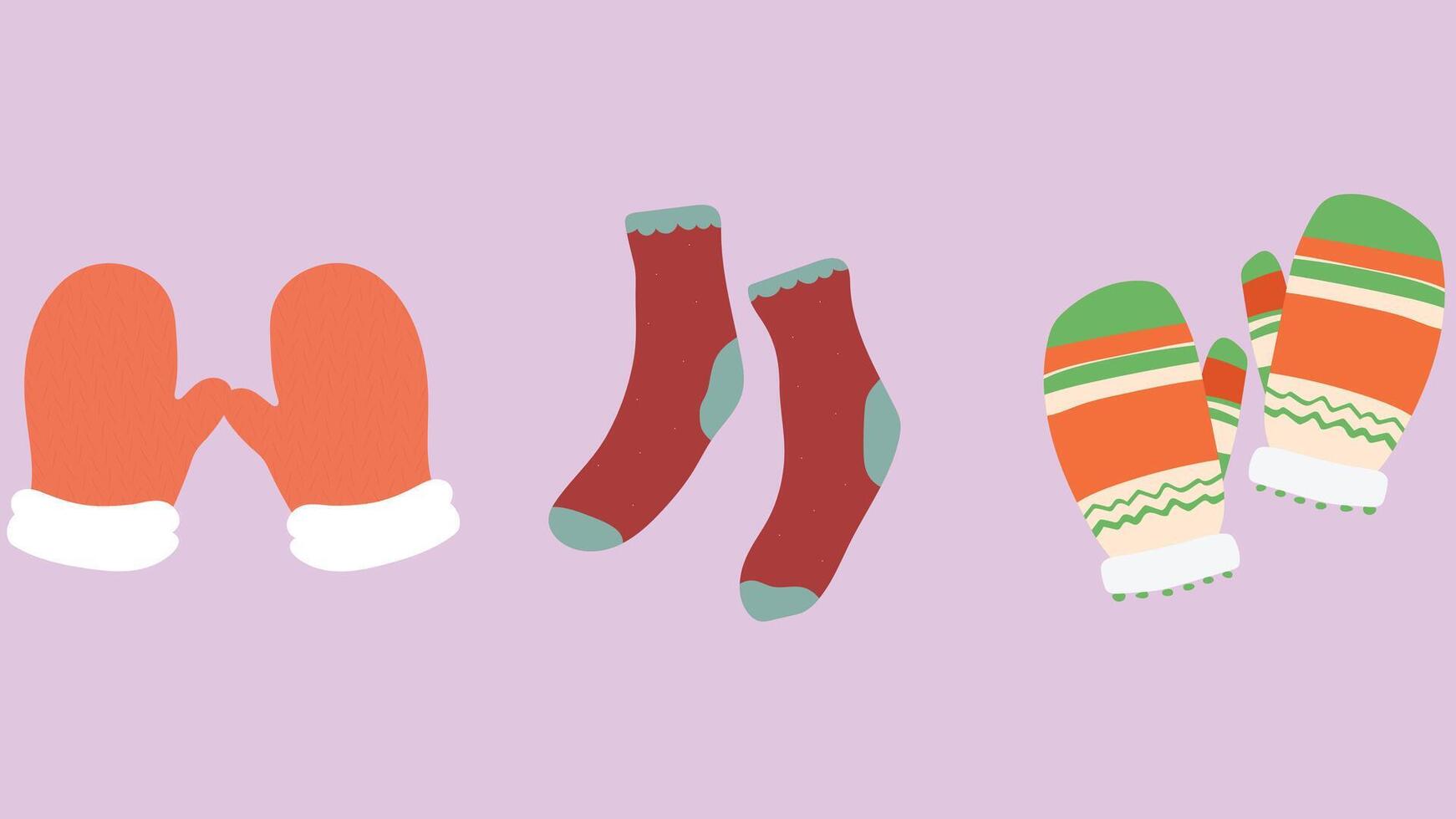A set of mittens and socks on a purple background vector