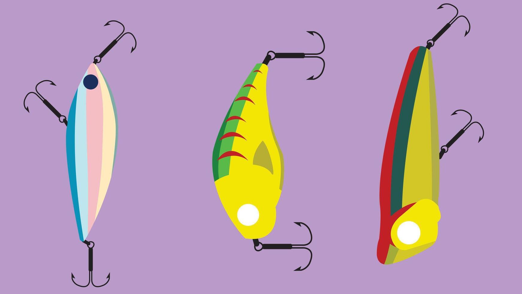 Three types of fishing lures tools isolated illustration vector