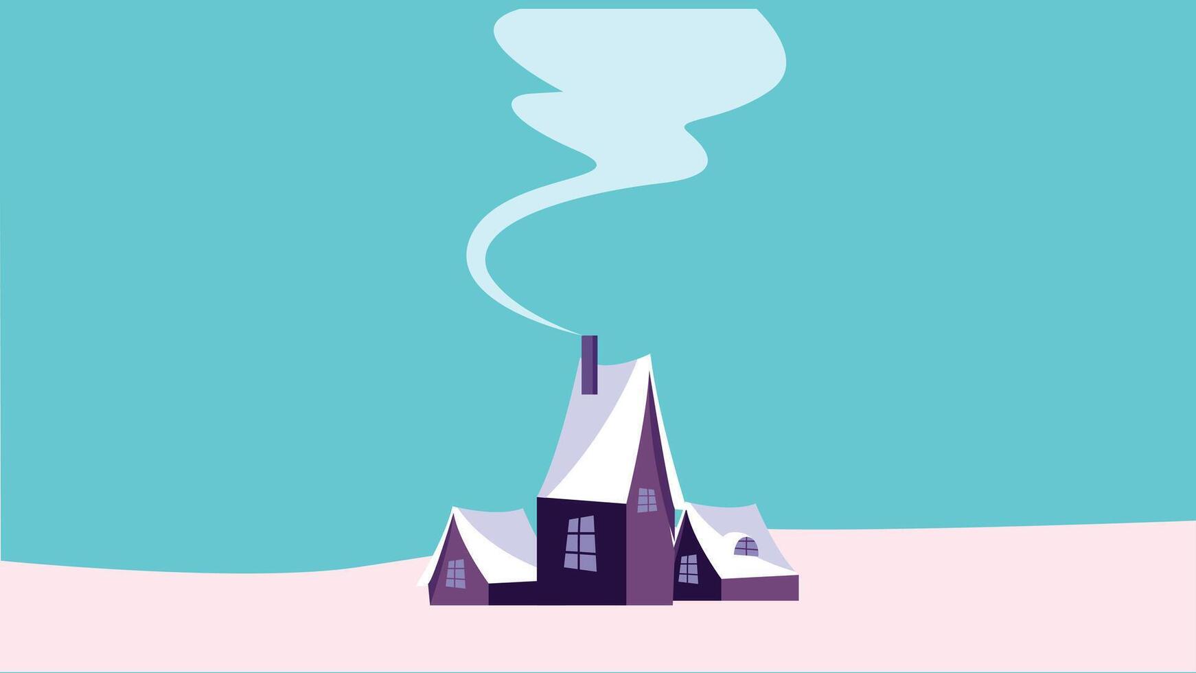 House with smoke chimney in the snow flat illustration vector