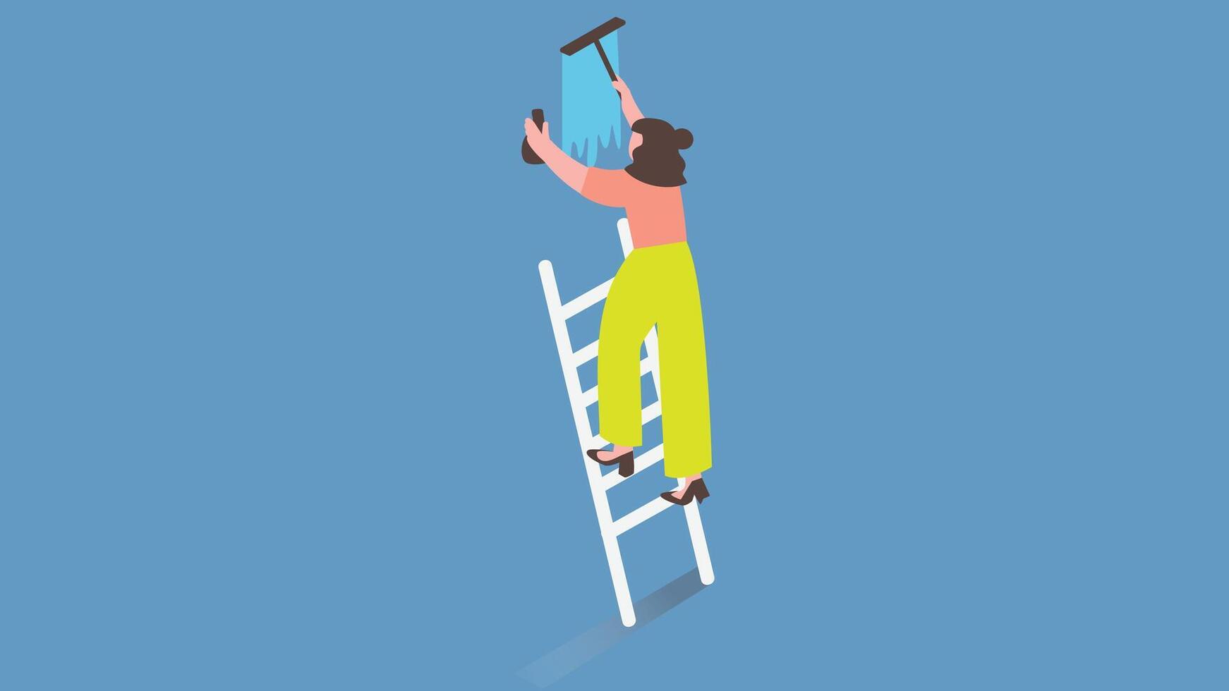 woman paint a wall and stands on a ladder isometric illustration vector