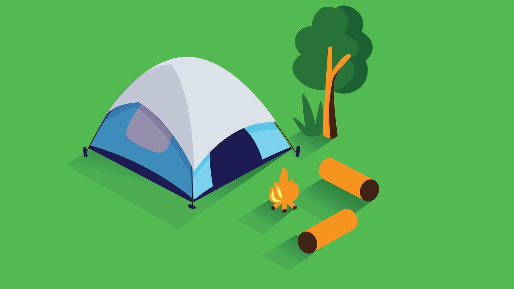 Camp site with a fireplace setting in the woods isolated isometric illustration vector