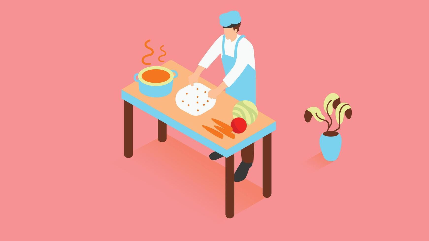 chef cooking food isometric style vector