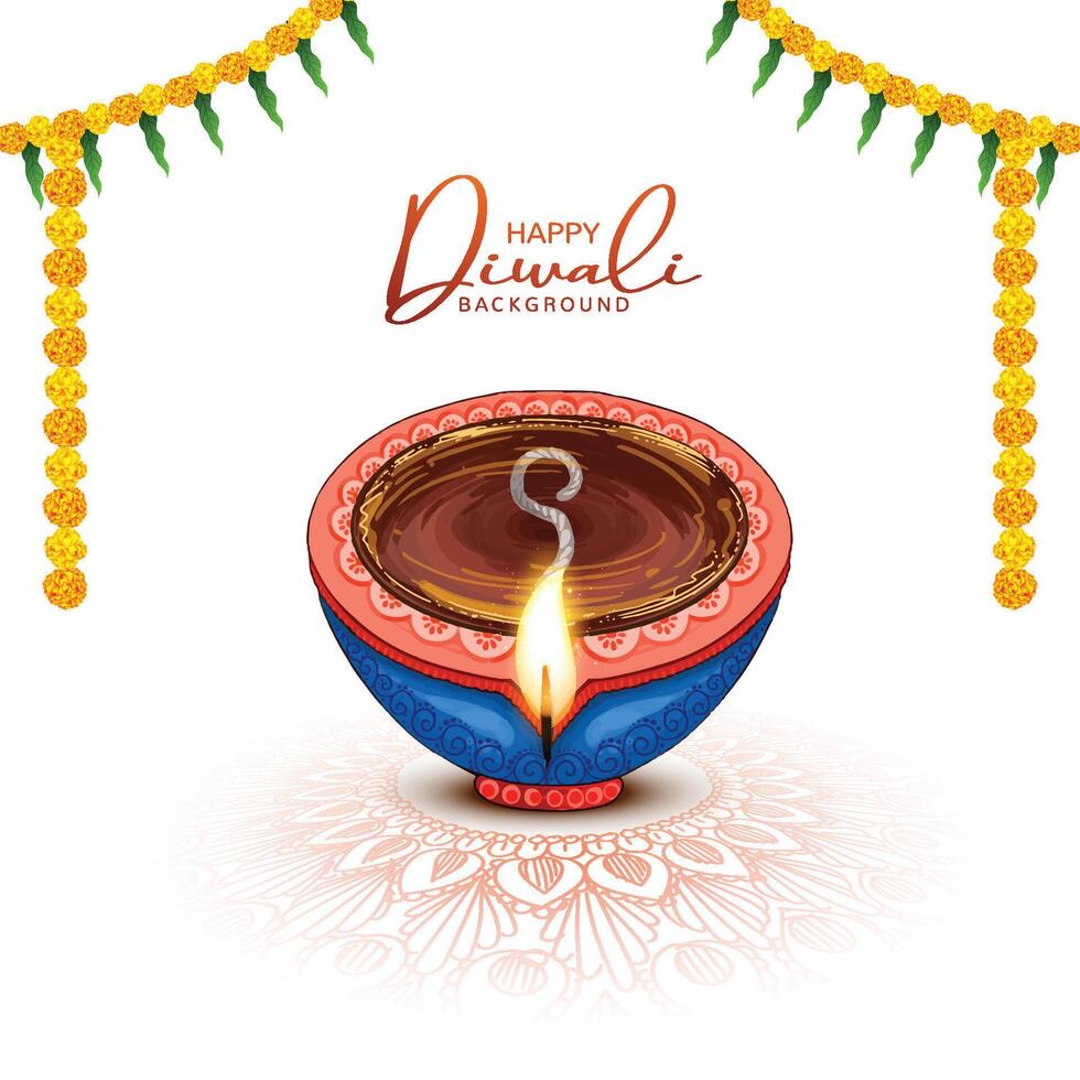 Happy diwali greeting card with diya in indian style background vector
