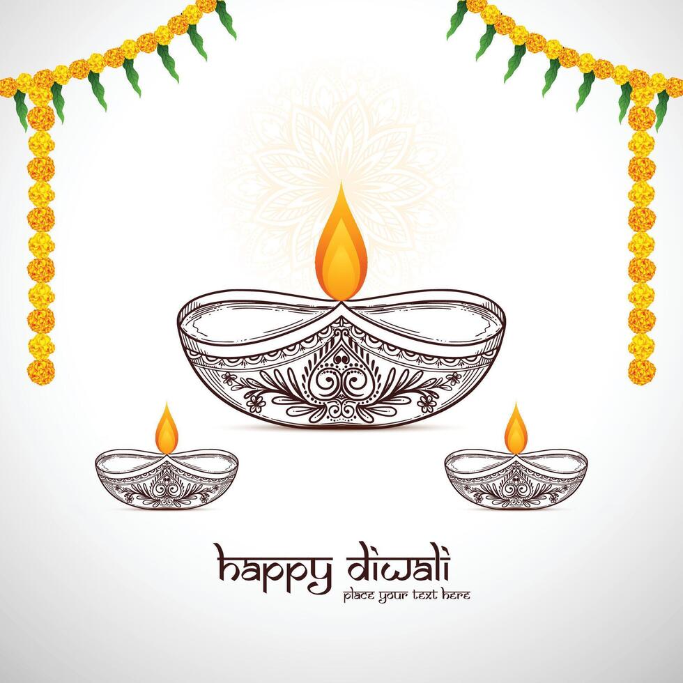 Diwali diya sketch festival of light lamp holiday card background vector