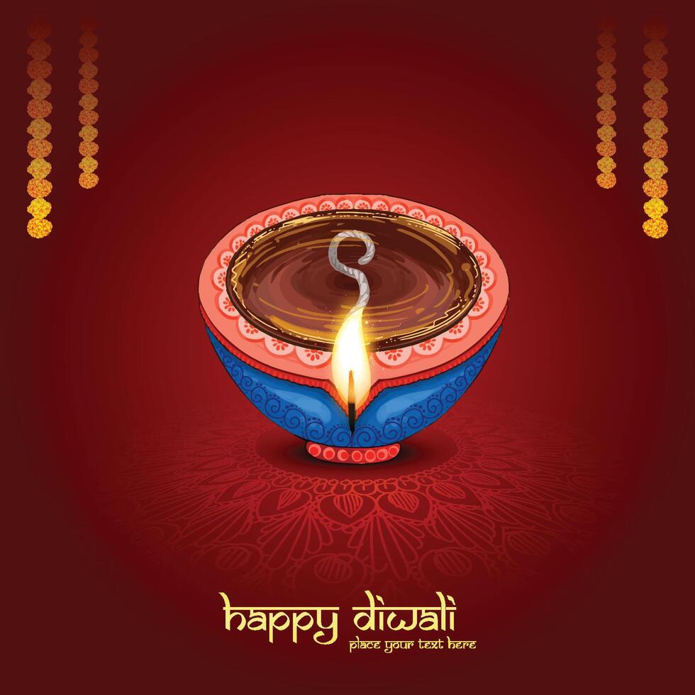 Happy diwali greeting card with diya in indian style background vector