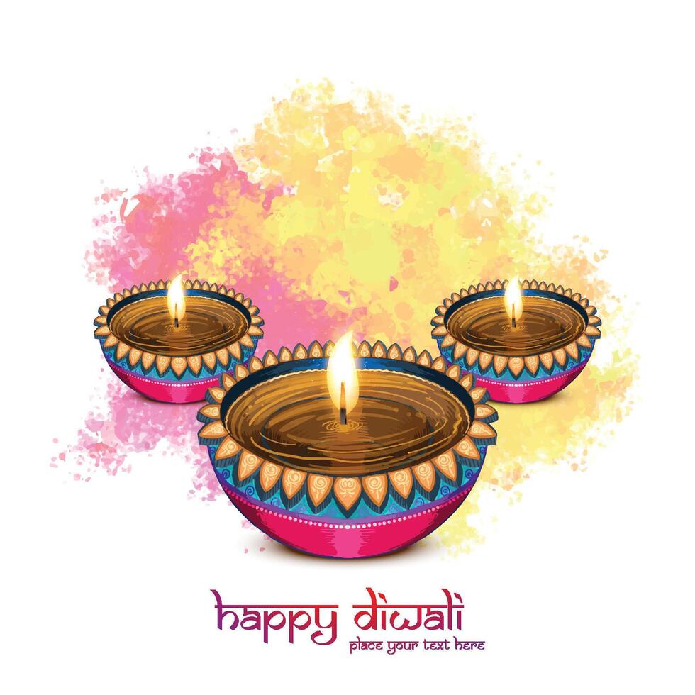 Beautiful diwali greeting card with shiny diya oil lamp background vector
