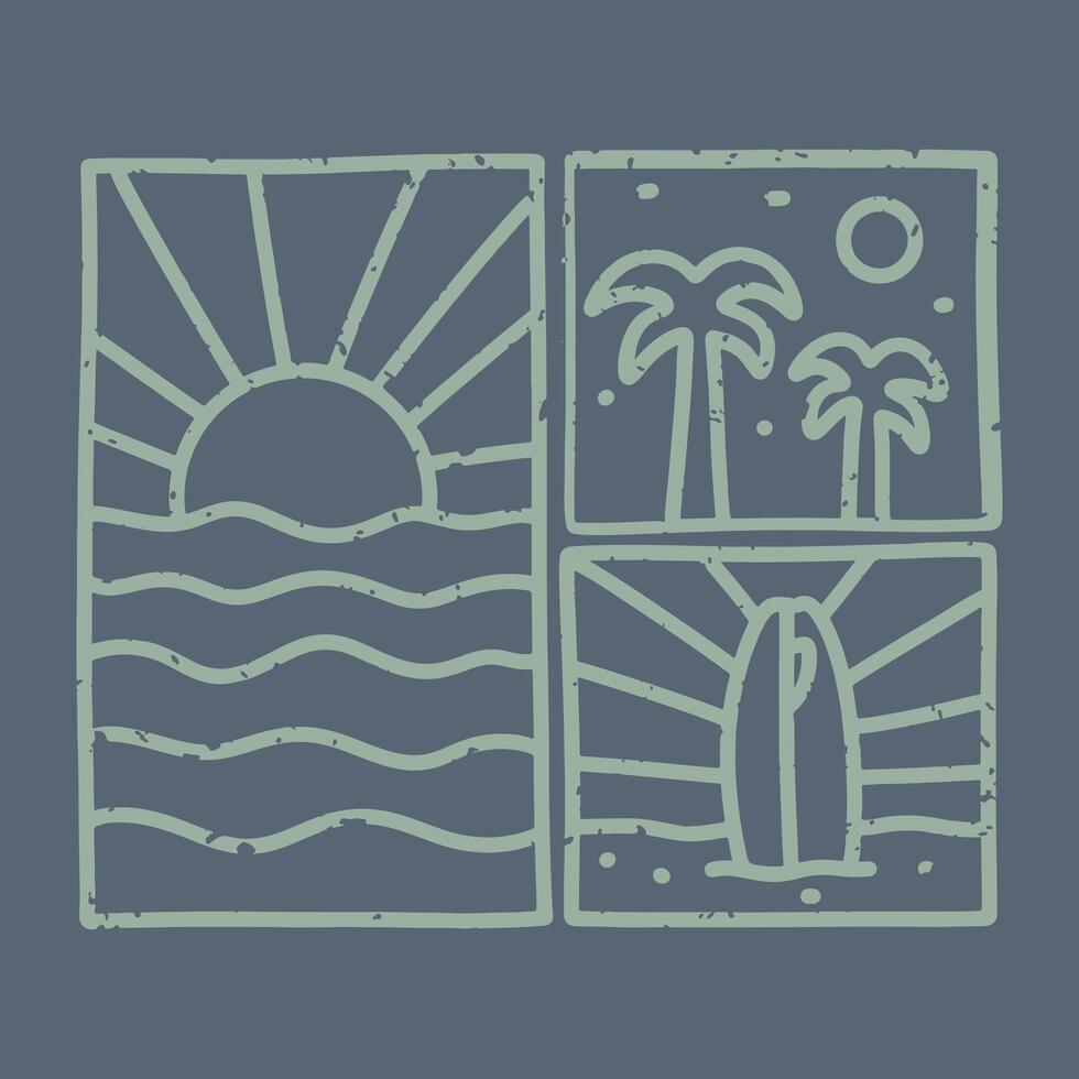 Three part of summer time, waves, surfboard and palm tree illustration for t shirt, sticker and badge vector