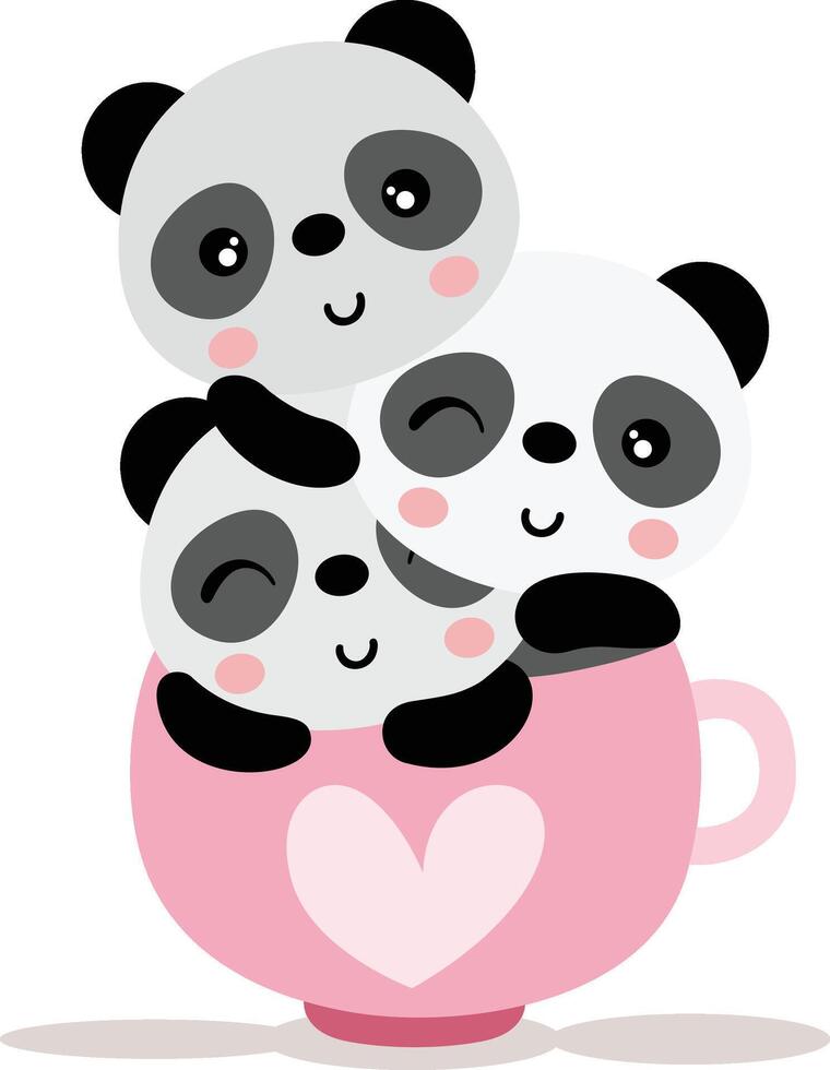 Set of three cute pandas in tea cup vector