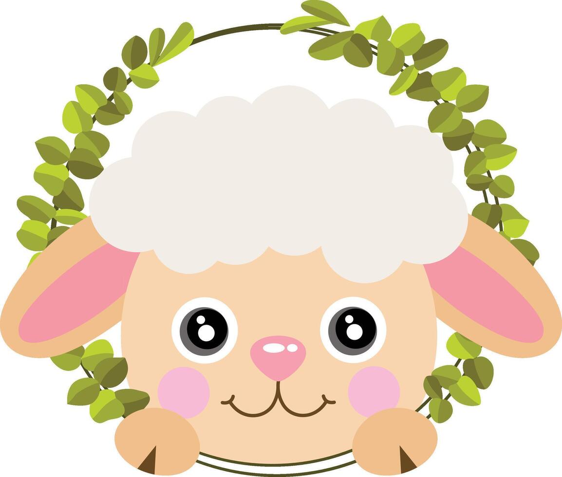 Friendly sheep peeking out of round leaves frame vector