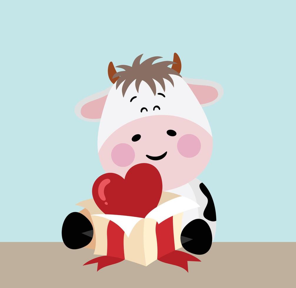 Card with cute cow opening surprise heart box vector
