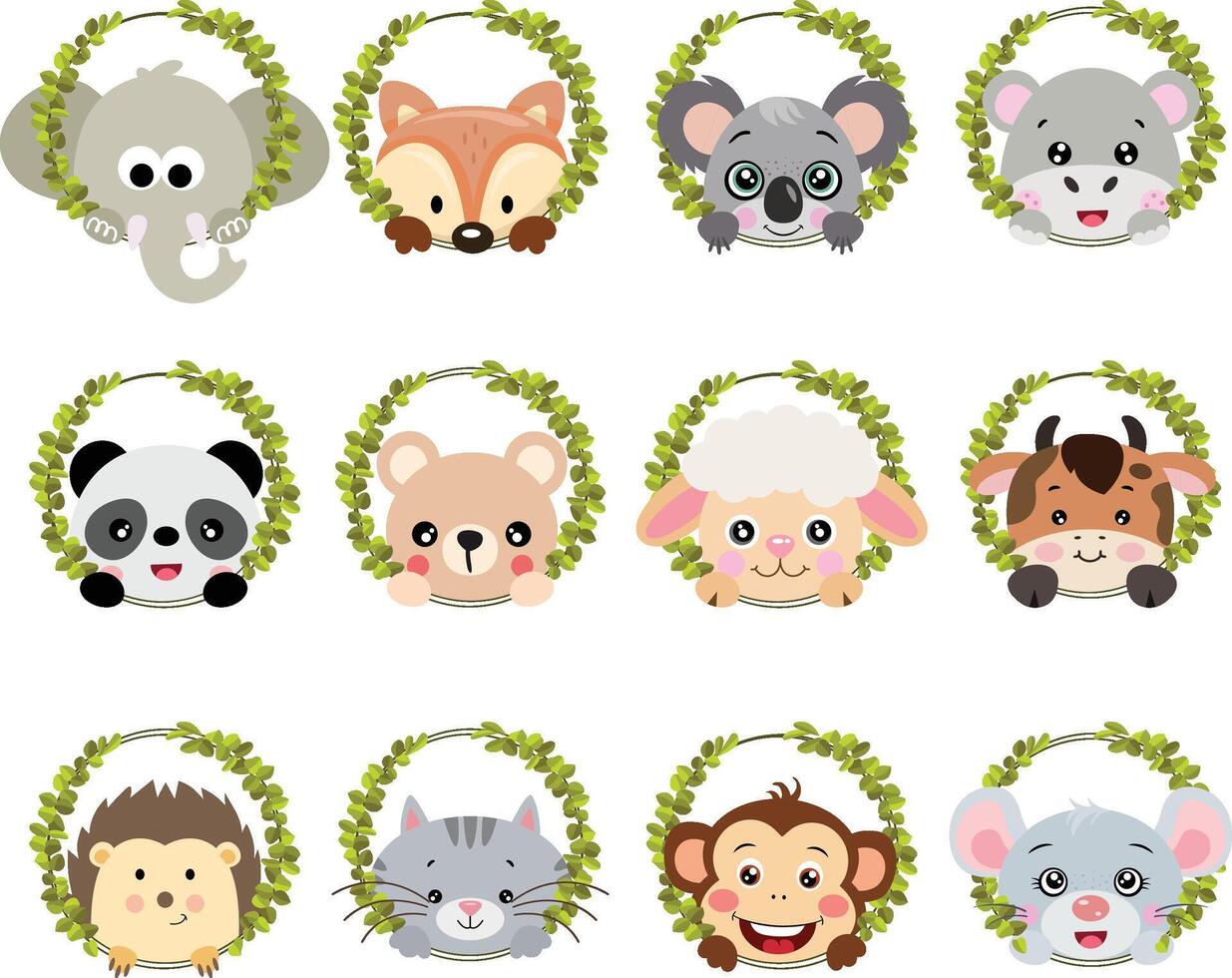 Set digital collage of friendly animal peeking out of round leaves frame vector