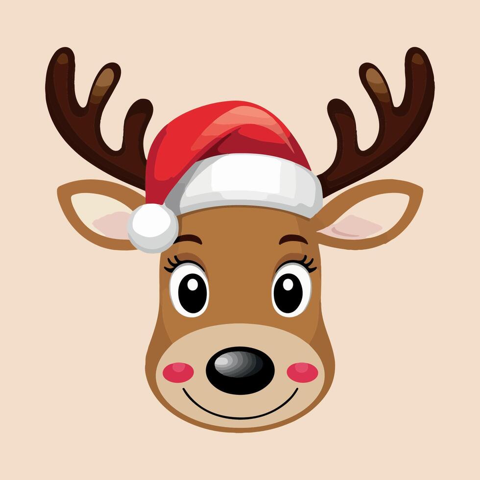 Christmas reindeer head with santa hat. vector