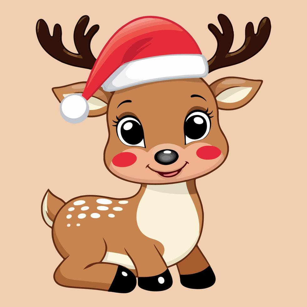 Christmas smile face reindeer with red and white hat. vector