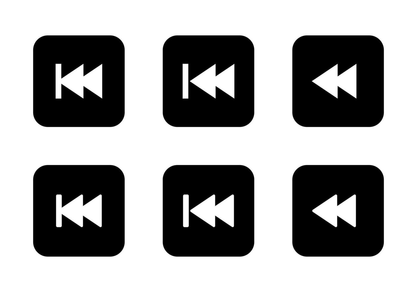 Rewind icon set on black square. Backtrack symbol of media player elements vector
