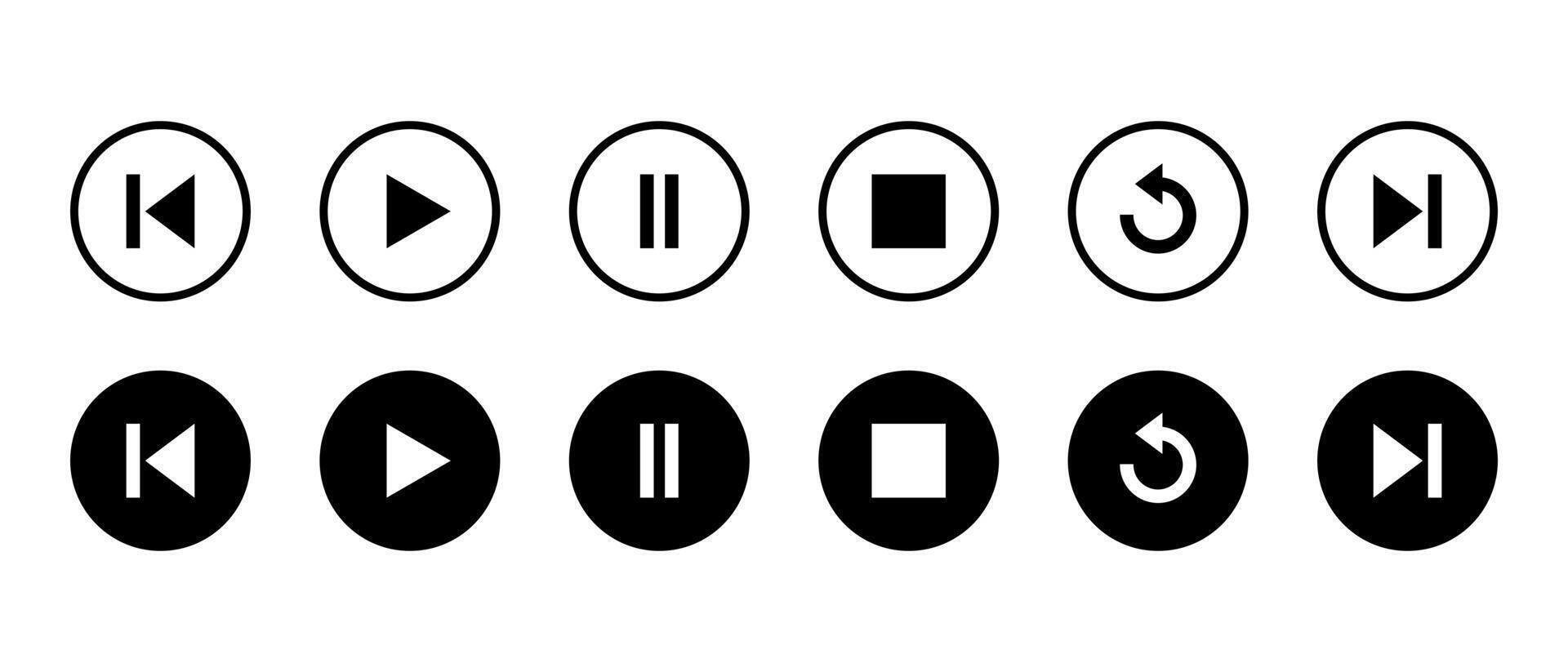 Previous, play, pause, stop, repeat, and next track icon on black circle. Media player control button vector
