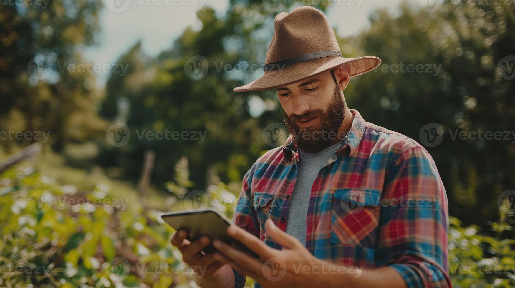 Modern Farmer Using Digital Tablet in Field, Embracing Technology for Agriculture, Young Bearded Man in Hat and Plaid Shirt, Sustainable Farming, Rural Lifestyle, Smart Farming Solutions photo