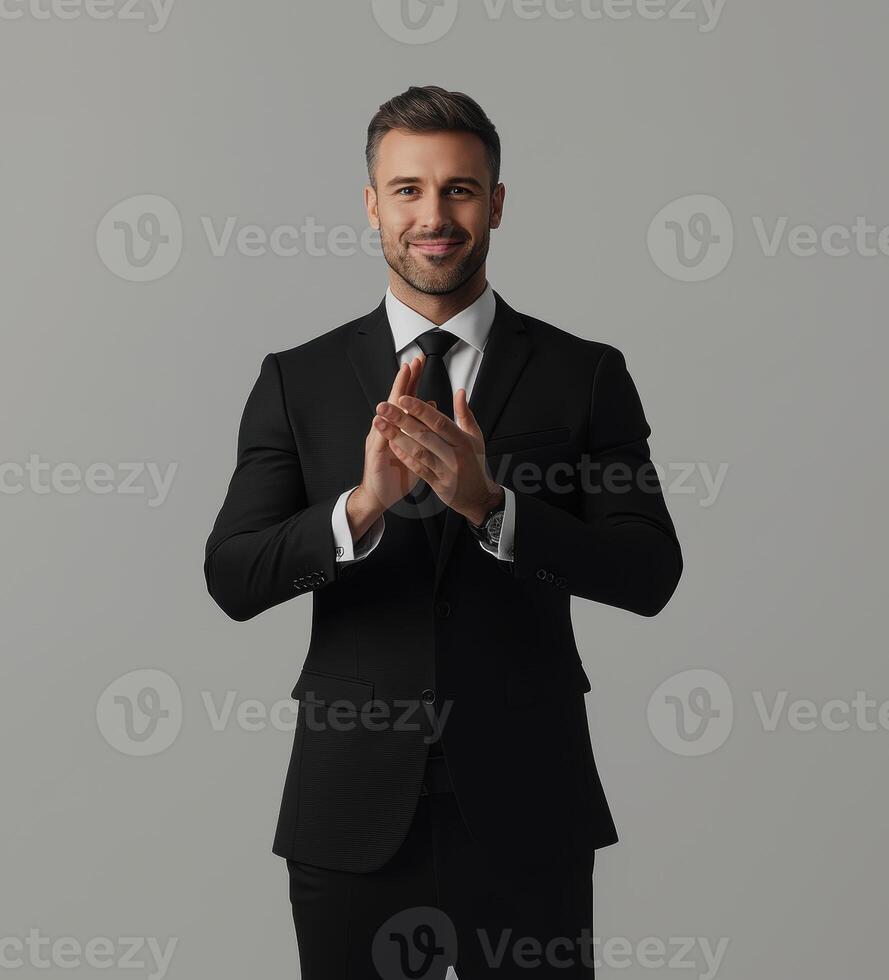 Professional Businessman Clapping in Black Suit on Isolated Gray Background - Confident and Successful Corporate Executive photo