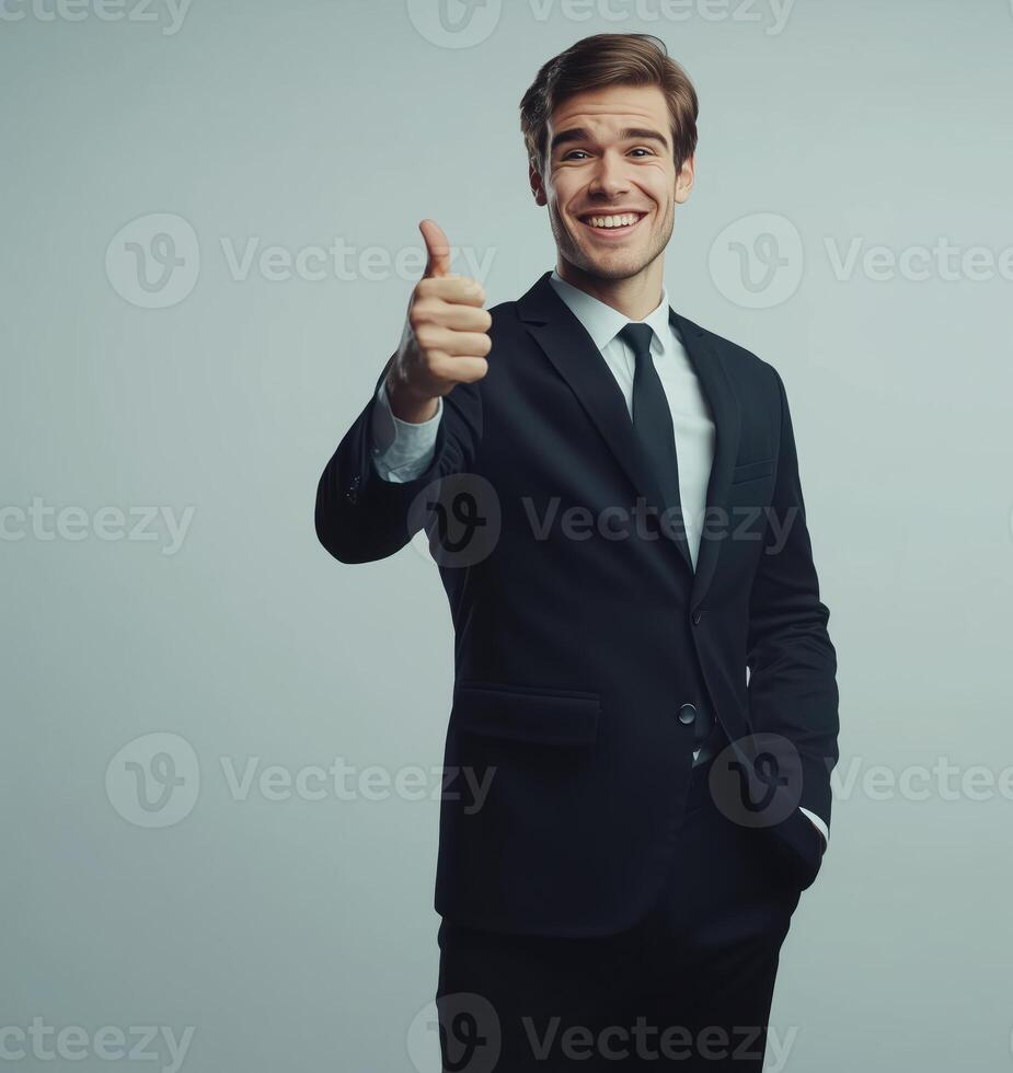 Confident Businessman in Black Suit Giving Thumbs Up on Isolated Background for Professional and Corporate Use photo