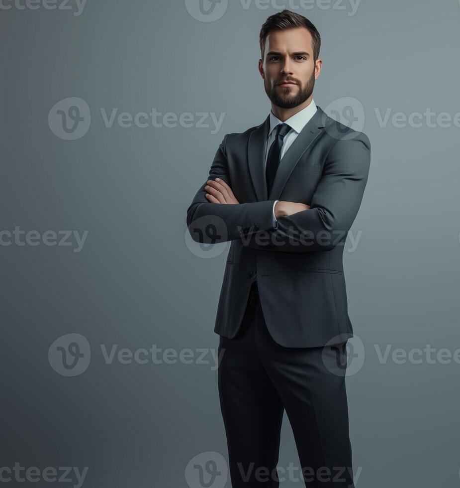 Professional Businessman in Suit Posing with Arms Crossed on Isolated Gray Background photo