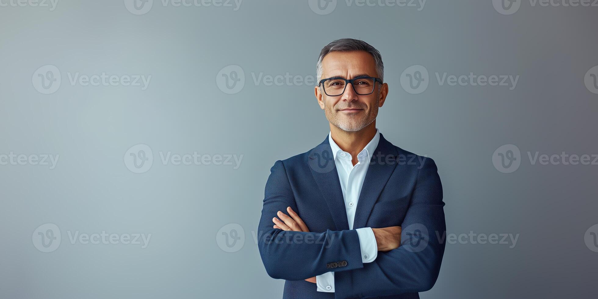 Confident Businessman in Formal Suit with Arms Crossed on Isolated Background photo
