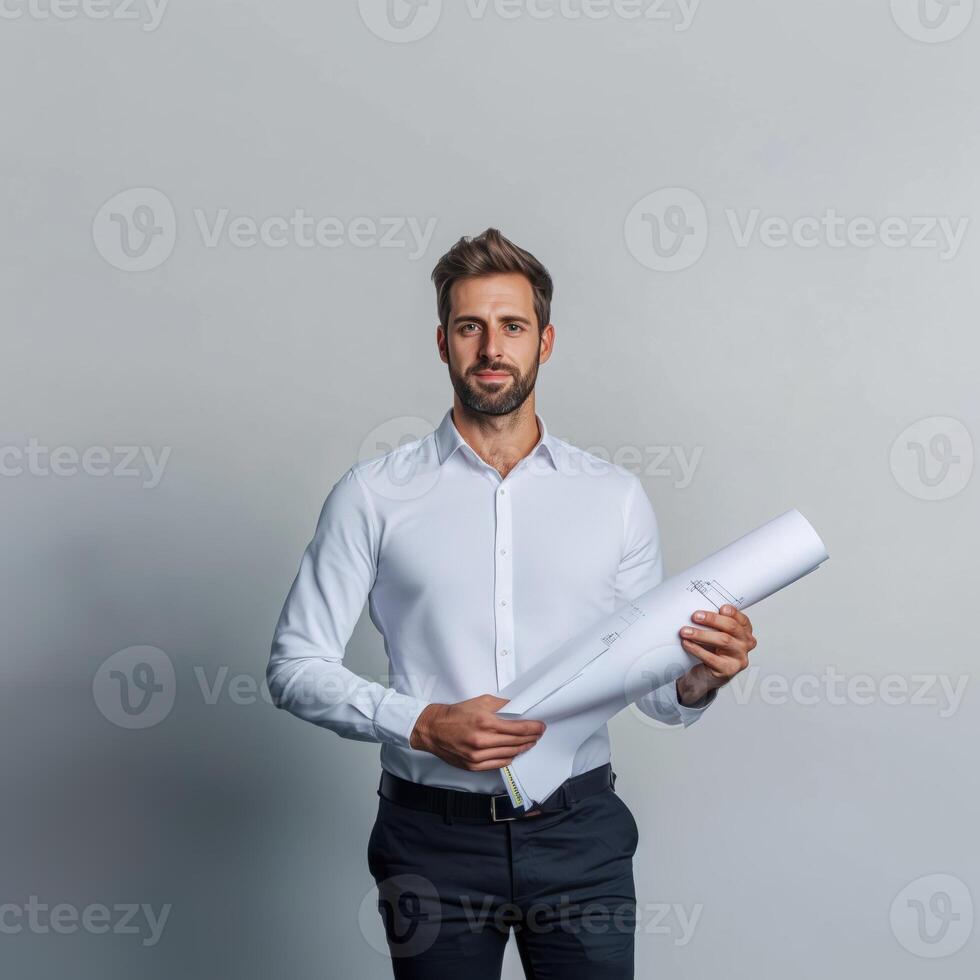 Professional Architect Holding Blueprint on Isolated Background for Business and Construction Concepts photo