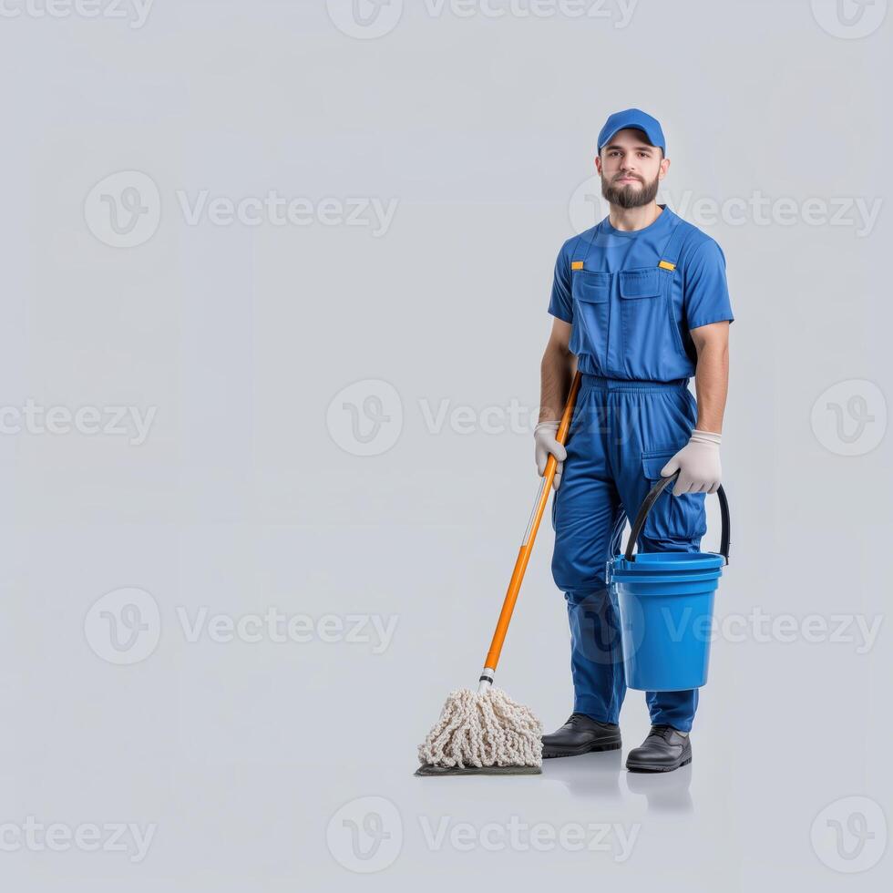 Professional Janitor in Blue Uniform Holding Mop and Bucket on Isolated Background photo