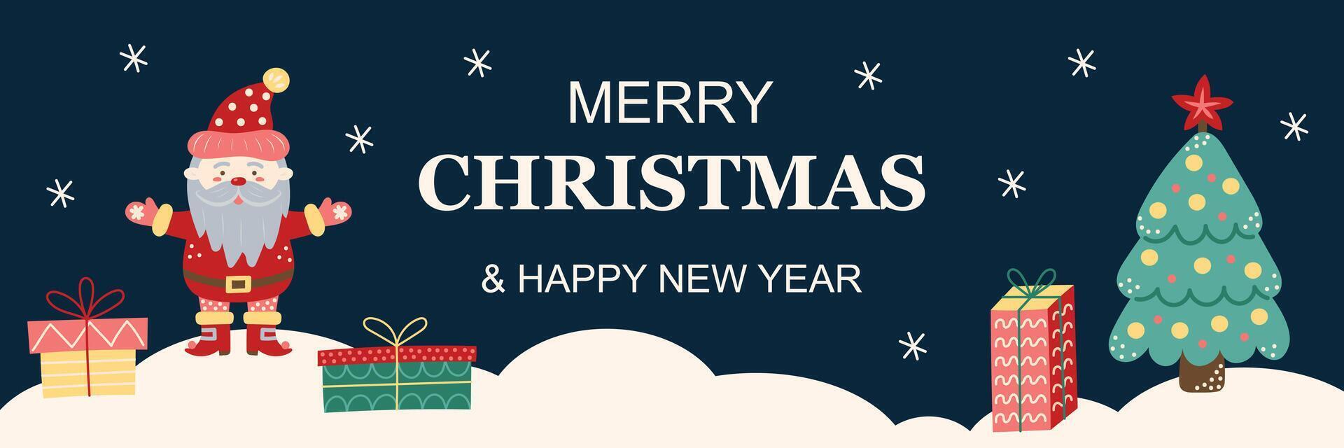 Horizontal Merry Christmas Banner with Santa Claus and gift boxes. Greeting card on dark background. Christmas and New Year. illustration. vector