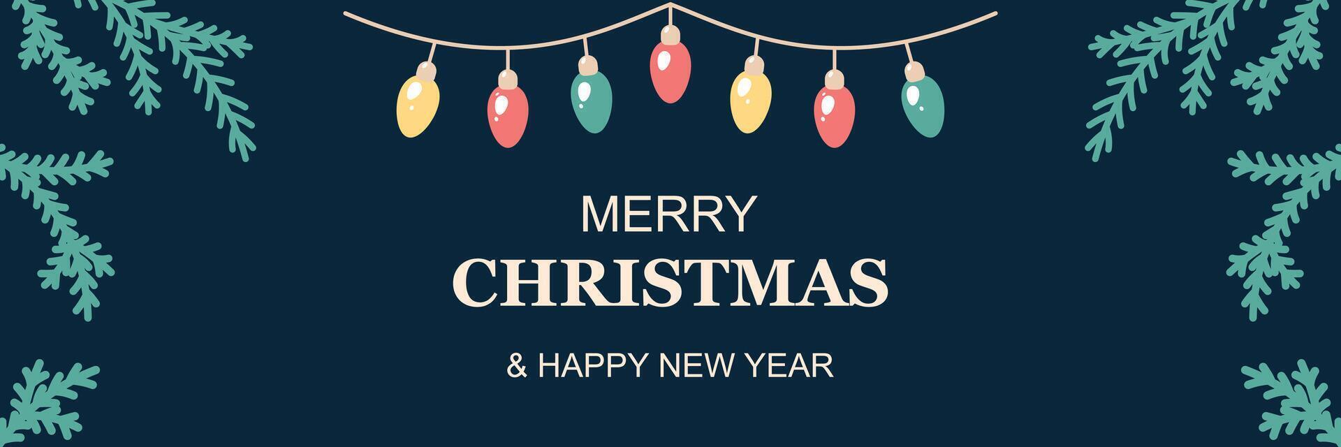 Horizontal merry Christmas banner with garland. Greeting card on dark background. Christmas and New Year. illustration. vector