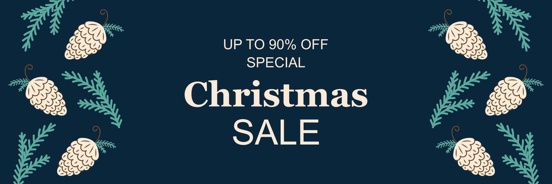 Horizontal banner Christmas sale. Frame with pine cones on the edges. dark background. Christmas and New Year. illustration. vector