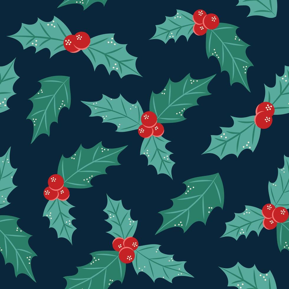 Seamless pattern with holly on dark background. Christmas and New Year. illustration. vector