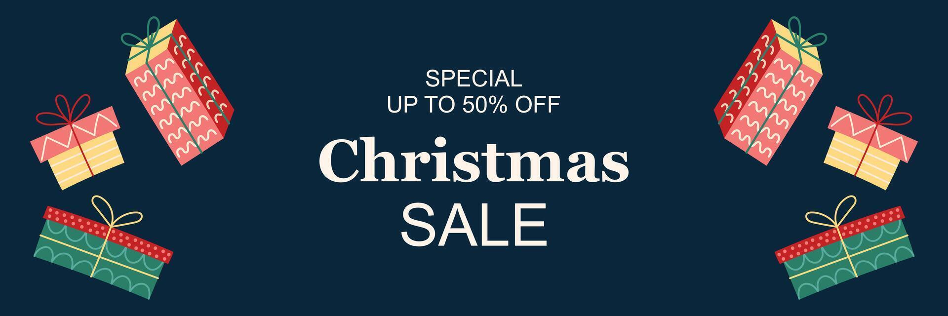 Horizontal Christmas Sale Banner with gift boxes. Greeting card on dark background. Christmas and New Year. illustration. vector