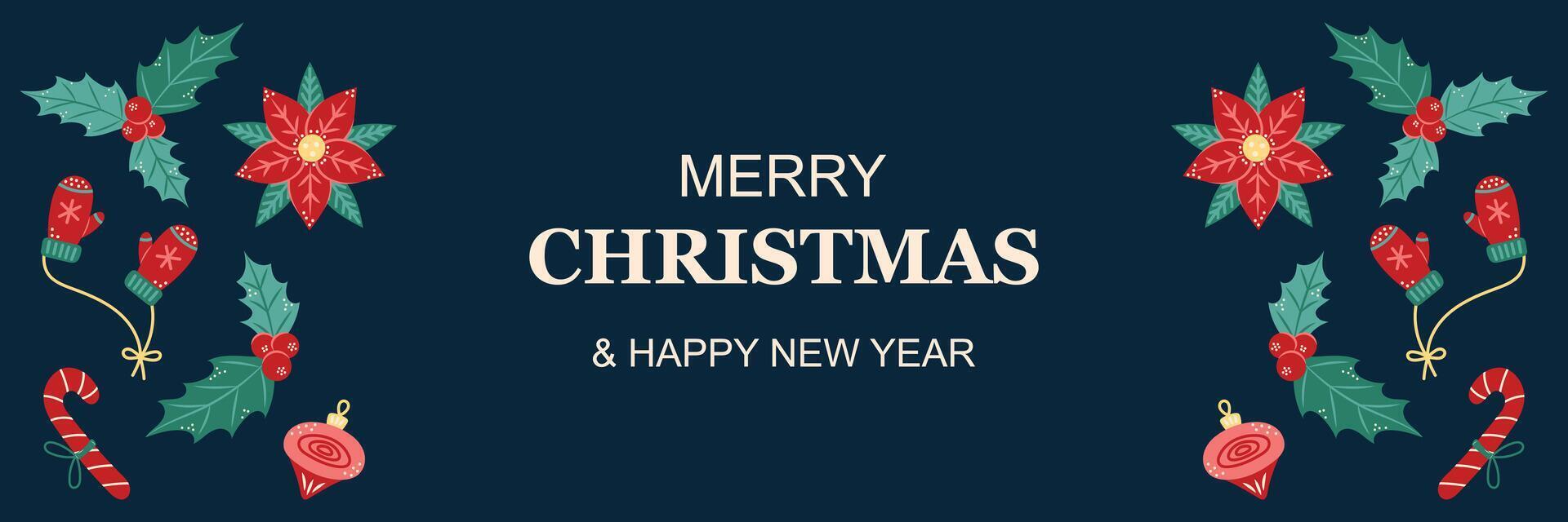 Horizontal merry Christmas banner with floral pattern and decorations. Greeting card on dark background. Christmas and New Year. illustration. vector
